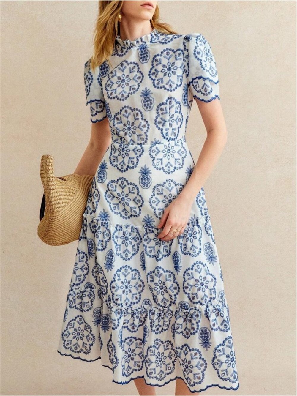 NEW -‎ French Blue Embroidered Midi Dress Elegant Modest Cottagecore